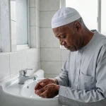 Homme effectuant les ablutions avant la prière dans une mosquée au Blanc-Mesnil
