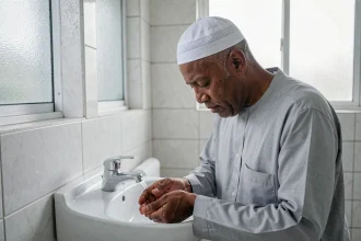 Homme effectuant les ablutions avant la prière dans une mosquée au Blanc-Mesnil
