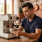 Homme inspectant une machine à café d'occasion achetée sur une annonce en ligne en Italie