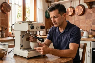 Homme inspectant une machine à café d'occasion achetée sur une annonce en ligne en Italie