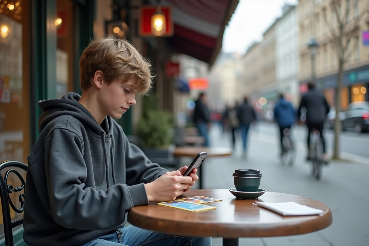 Adolescent utilisant son smartphone pour codes Pokémon en extérieur