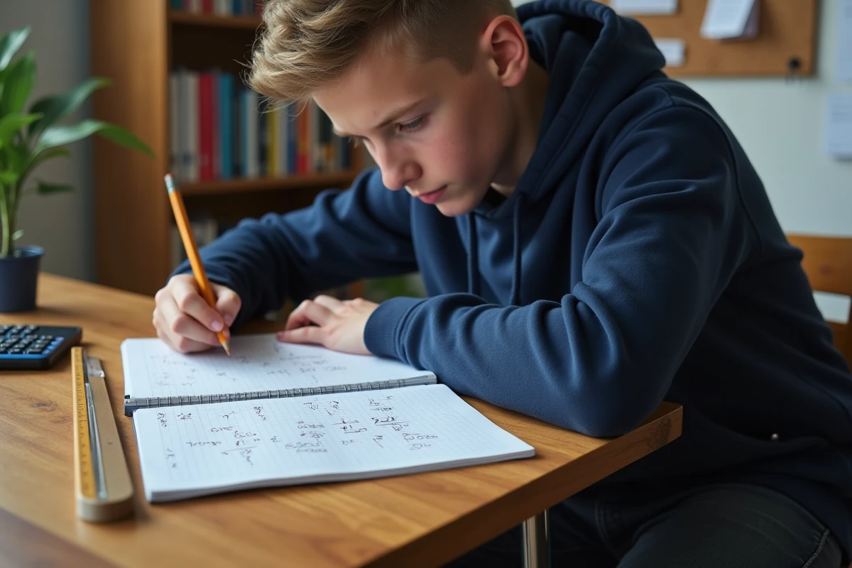 Adolescent faisant ses devoirs de mathématiques avec des calculs de conversion de mètres carrés en centimètres carrés sur un cahier quadrillé