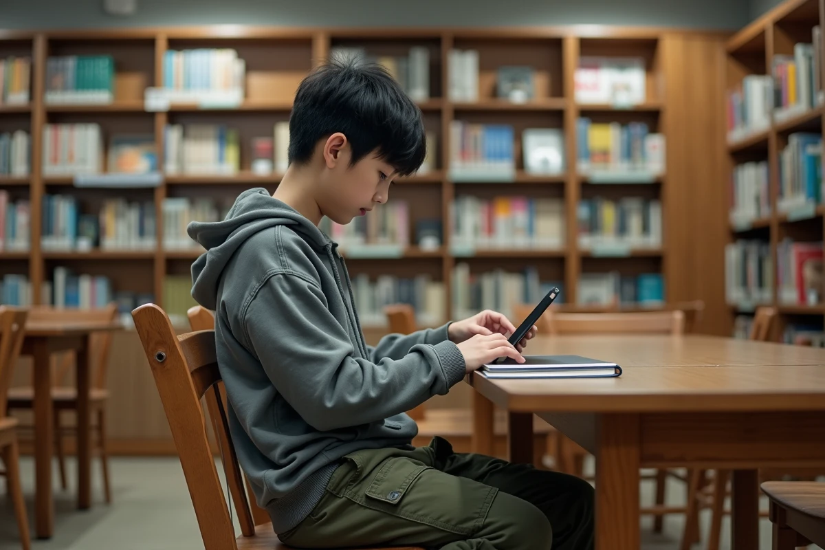 Garçon lisant manga numérique à la bibliothèque