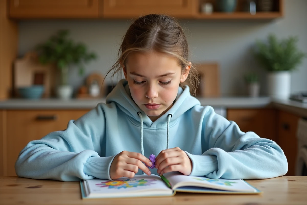 Adolescente concentrée en train de réaliser un scoubidou fleur en porte-clés à la maison en suivant un tutoriel dans un livre de loisirs créatifs