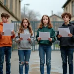 Groupe d'adolescents tenant des partitions dans une cour d'école française, répétant La Marseillaise