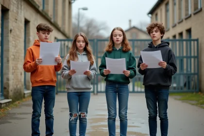 Groupe d'adolescents tenant des partitions dans une cour d'école française, répétant La Marseillaise