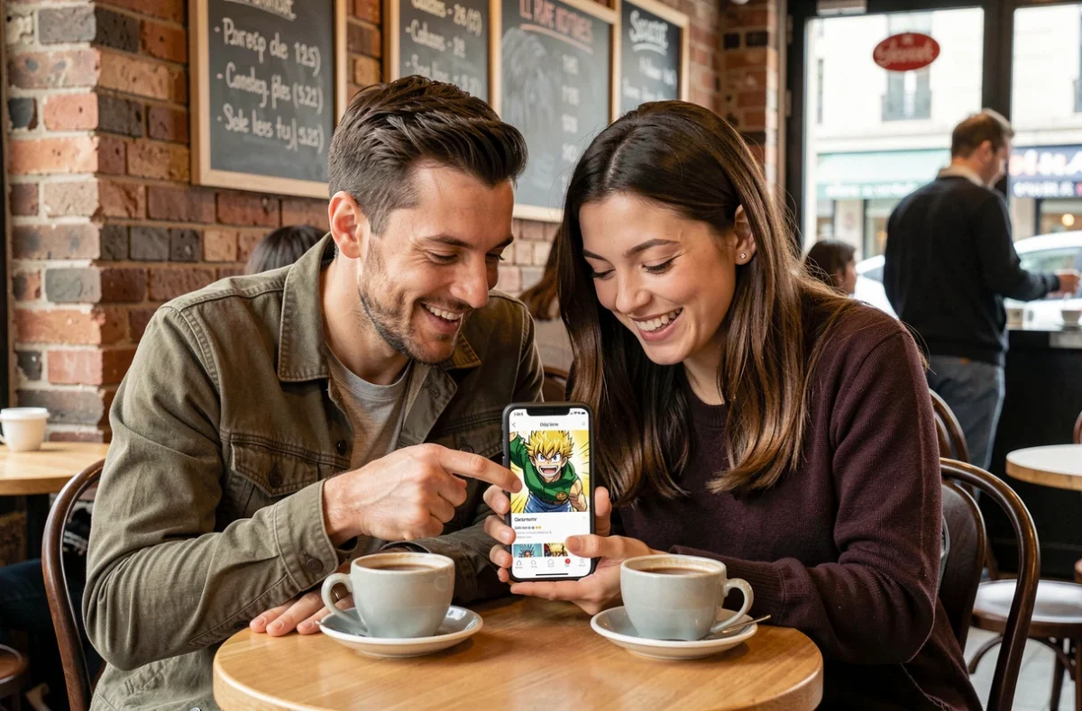 Deux amis adultes dans un café parisien lisant ensemble One Punch Man en scantrad français sur smartphone