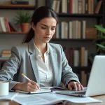 Journaliste analysant des articles de presse imprimés à son bureau pour évaluer la qualité éditoriale d'un site d'information