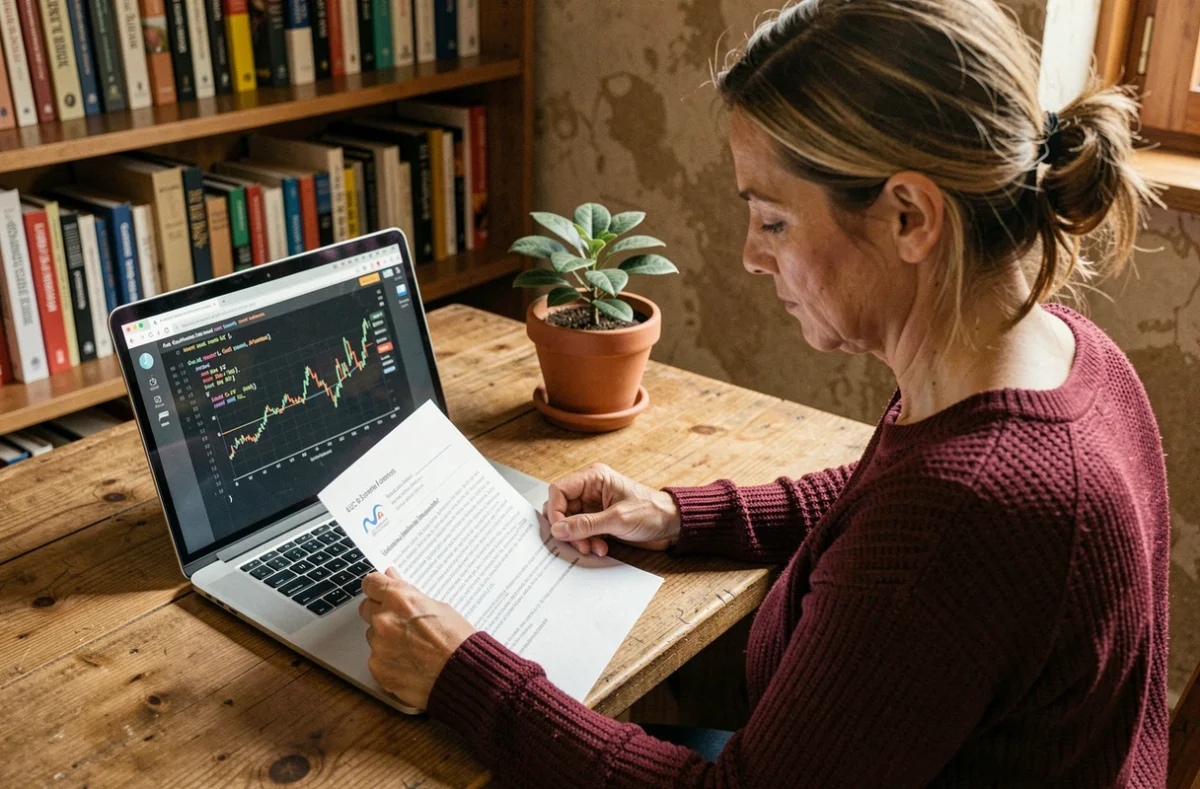 Femme analysant un rapport de data science imprimé avec un graphique AUC visible sur un ordinateur portable dans un bureau à domicile