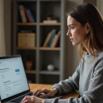 Femme annulant son abonnement Amazon Prime sur un ordinateur portable depuis son bureau à domicile