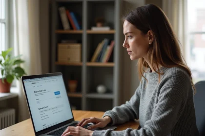 Femme annulant son abonnement Amazon Prime sur un ordinateur portable depuis son bureau à domicile
