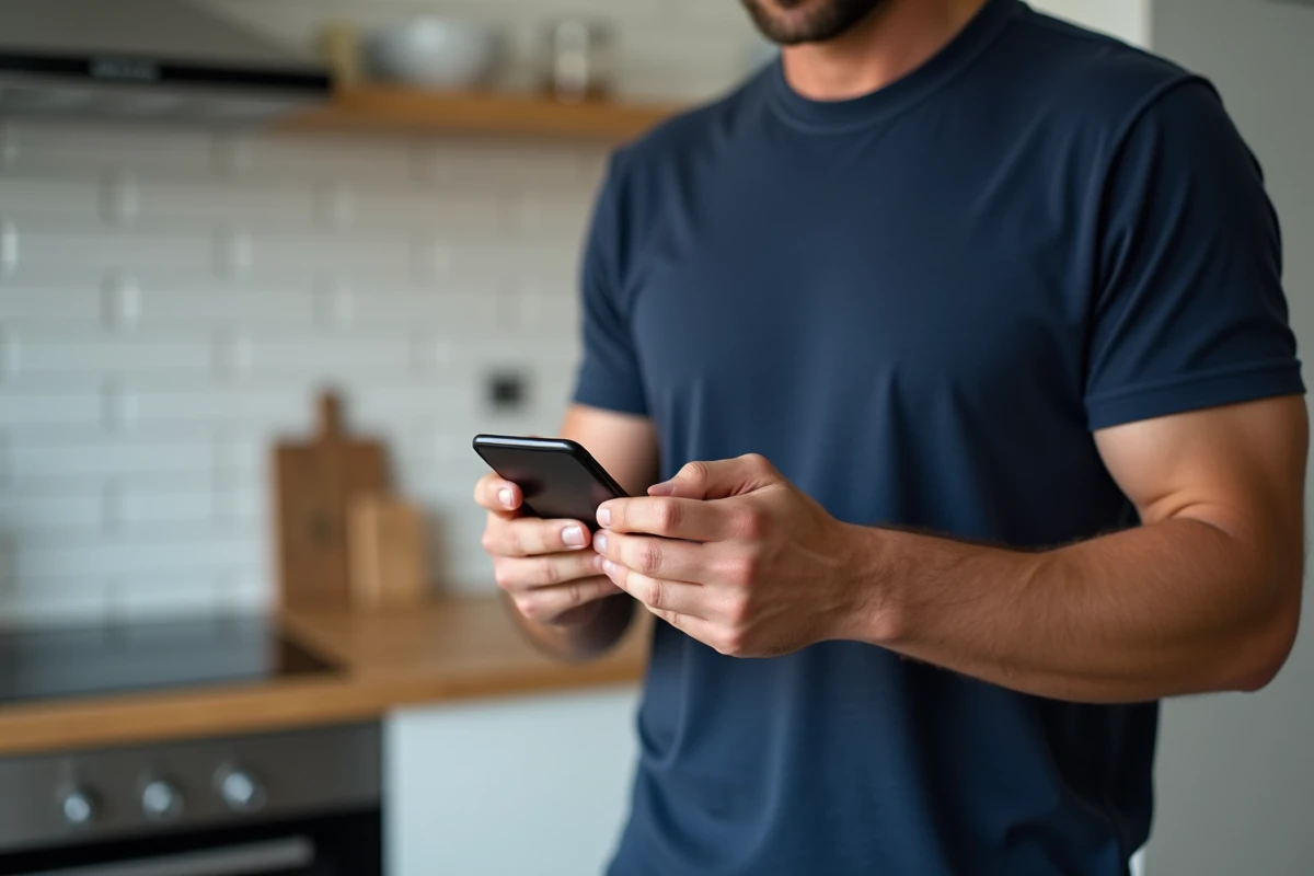 Homme consultant les étapes d'annulation Amazon Prime sur smartphone dans une cuisine moderne