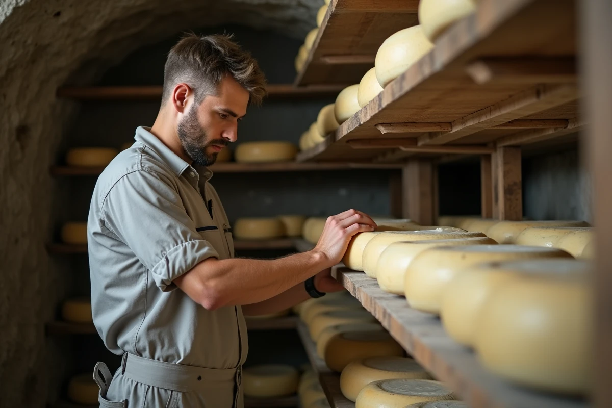 Apprenti fromager arrangeant des fromages de chèvre dans une cave d'affinage traditionnelle espagnole