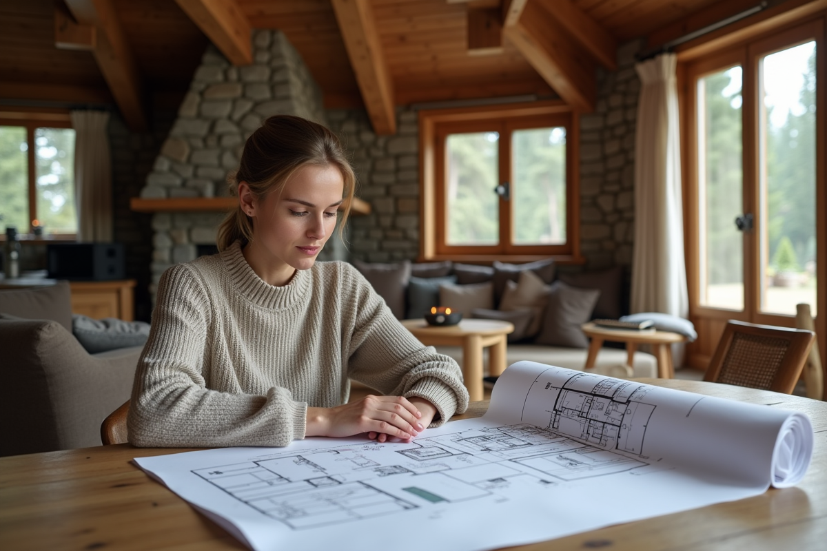 Architecte étudiant plans dans un intérieur chalet