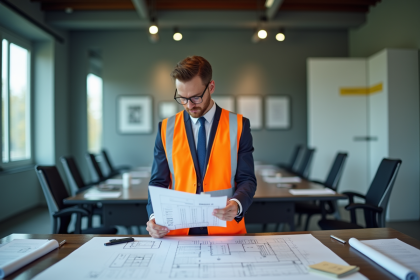 Architecte homme vérifiant un document de conformité dans un bureau moderne
