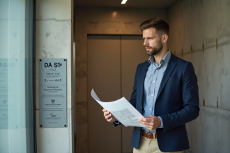 Architecte homme dans un lobby moderne avec plans et panneaux
