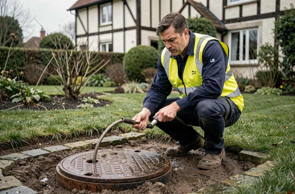 Technicien ASN-SARL Guillaume Mesnil débouchant un regard de drainage dans un jardin normand