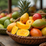 Panier rustique avec fruits frais M sous lumière naturelle