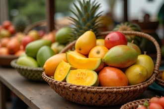 Panier rustique avec fruits frais M sous lumière naturelle