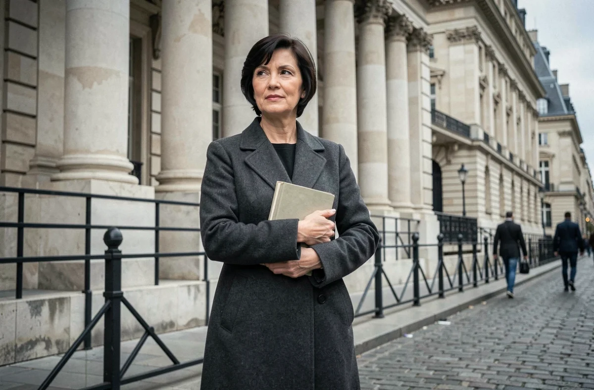 Femme journaliste et auteure tenant un livre devant un bâtiment institutionnel parisien aux colonnes en pierre