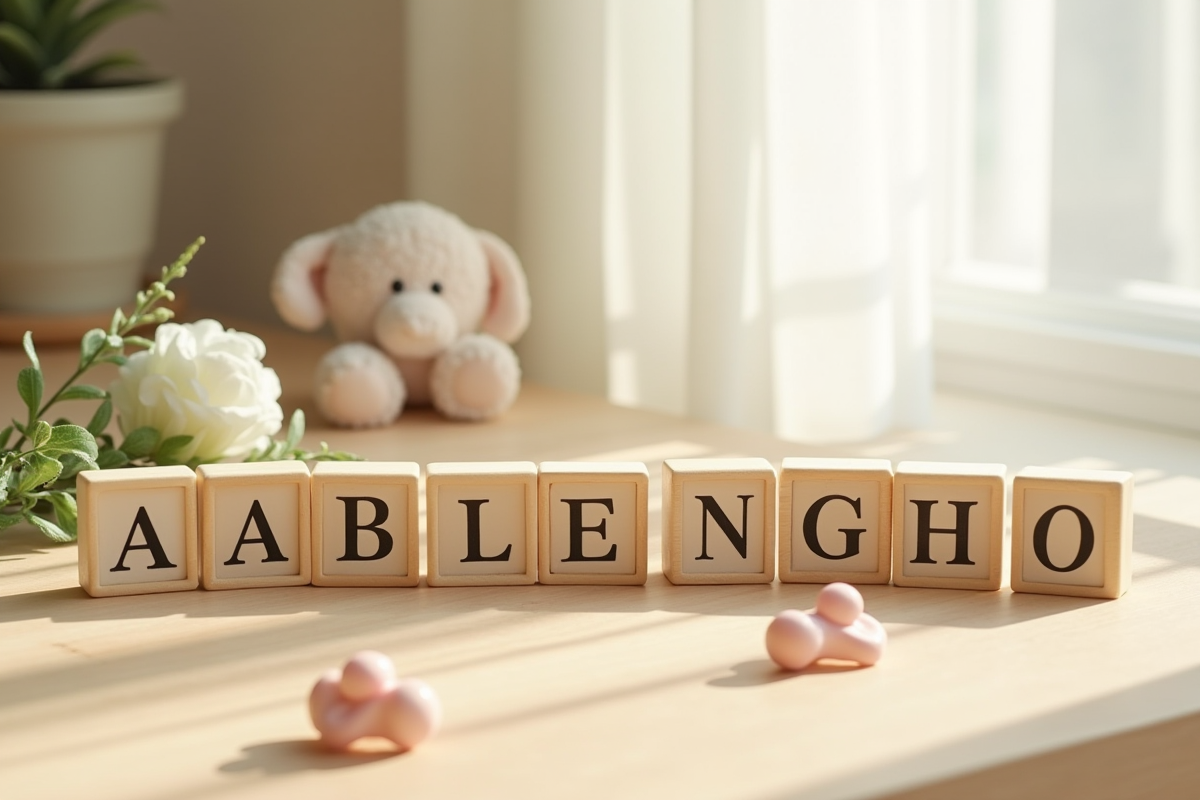 Blocs de bois pour noms de bebe avec prénoms A sur table claire