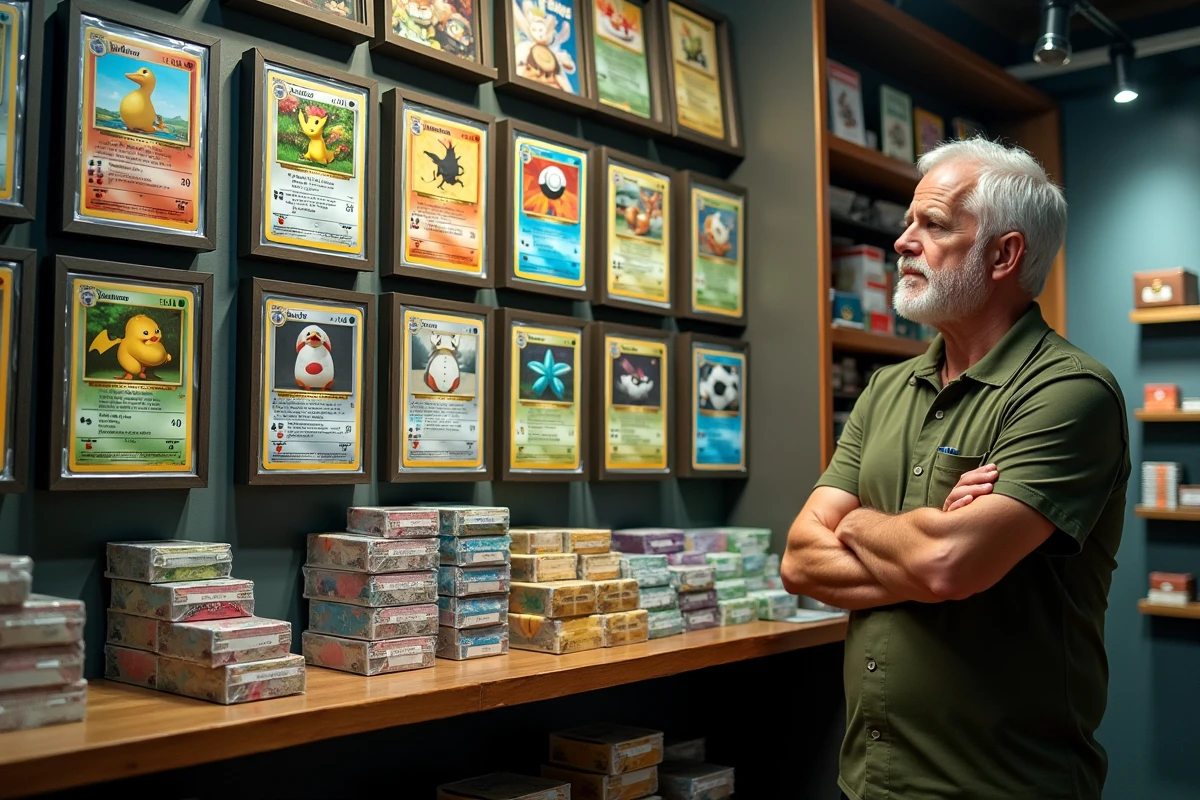 Propriétaire de boutique de cartes Pokémon devant un mur d'exposition avec des cartes gradées PSA et des boîtes scellées