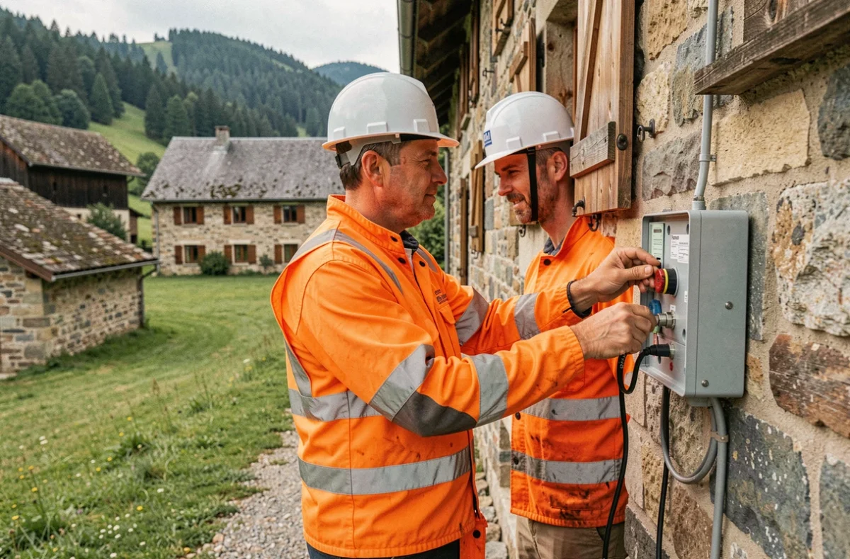 Électricien Bouveret Électricité installant un boîtier électrique extérieur sur un bâtiment rural en pierre dans le Jura