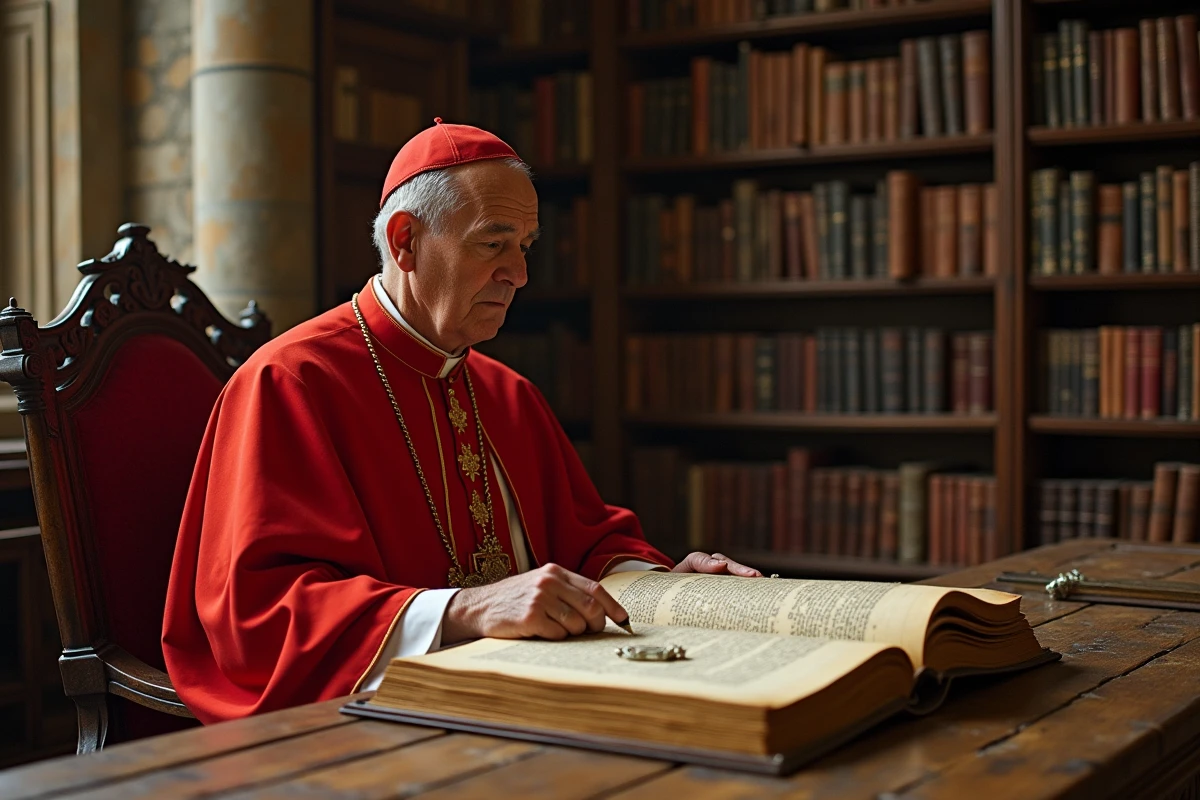 Cardinal catholique en rouge assis devant des manuscrits enluminés dans une bibliothèque vaticane historique