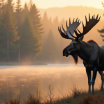 Cerf majestueux au bord d'un lac au lever du soleil