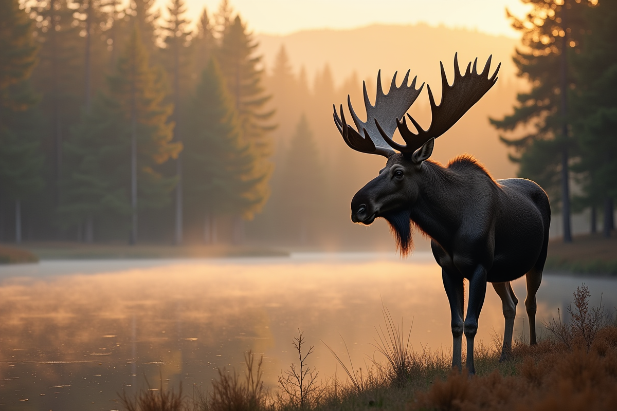 Cerf majestueux au bord d'un lac au lever du soleil