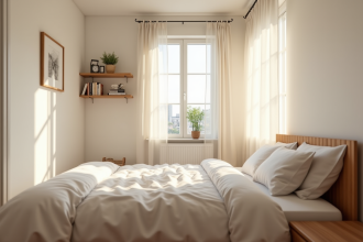 Chambre chaleureuse avec lit et lumière naturelle