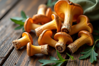 Champignons de chanterelle frais sur une table en bois
