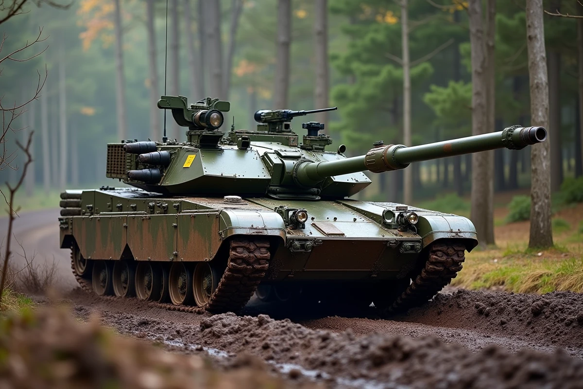 Char M1A1 Abrams en mouvement traversant un terrain boueux en forêt lors d'un exercice militaire