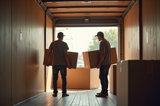 Deux déménageurs chargeant des cartons dans un grand camion
