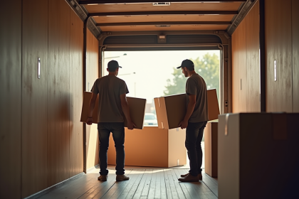 Deux déménageurs chargeant des cartons dans un grand camion
