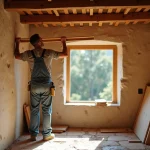 Charpentier posant une fenêtre en bois dans une maison provençale