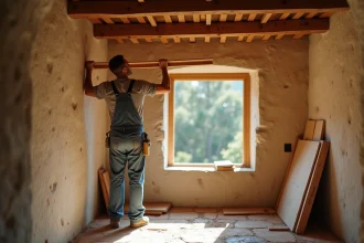 Charpentier posant une fenêtre en bois dans une maison provençale