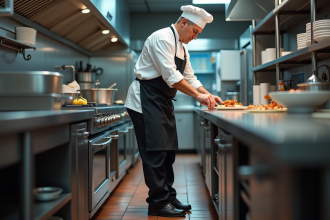 Chef professionnel en cuisine avec uniforme blanc