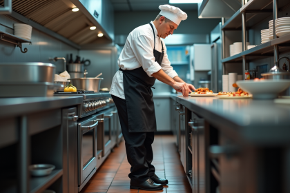 Chef professionnel en cuisine avec uniforme blanc