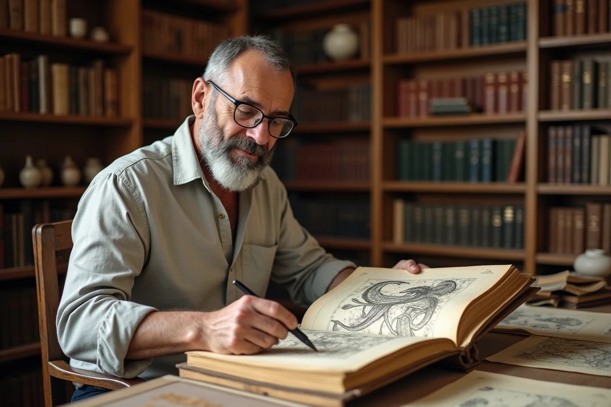 Chercheur en mythologie grecque consultant un manuscrit illustré sur les divinités marines de l'Antiquité