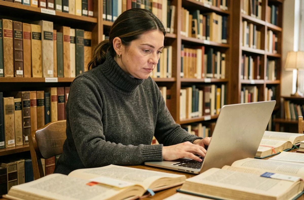 Femme chercheuse en bibliothèque consultant des archives et livres anciens sur l'identité et l'éthique de la vie privée