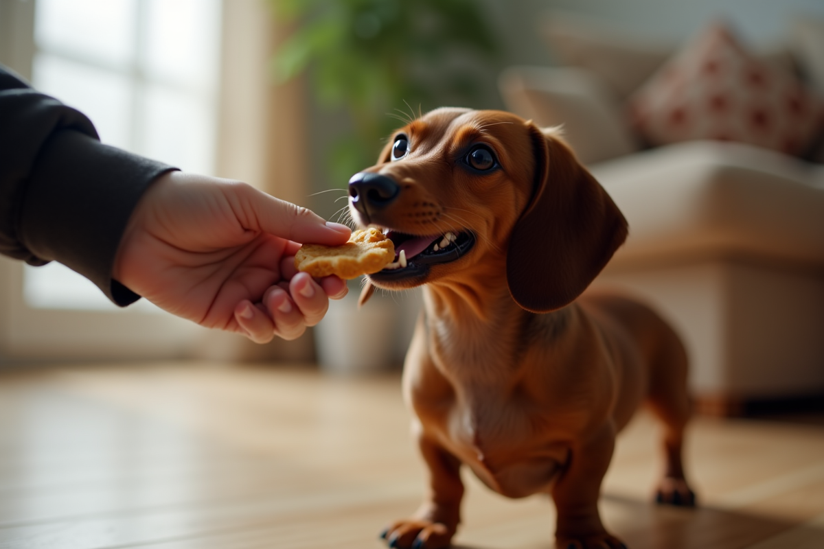 Chien dachshund adulte recevant une friandise lors d’un entraînement intérieur