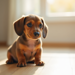 Chiot dachshund à poil lisse assis attentivement en lumière naturelle