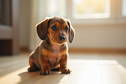 Chiot dachshund à poil lisse assis attentivement en lumière naturelle