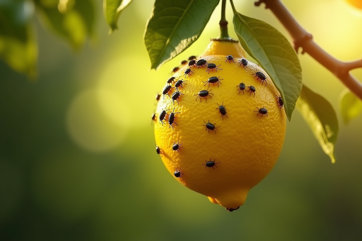 Citron suspendu avec cochenilles sur la peau sous la lumière du soleil