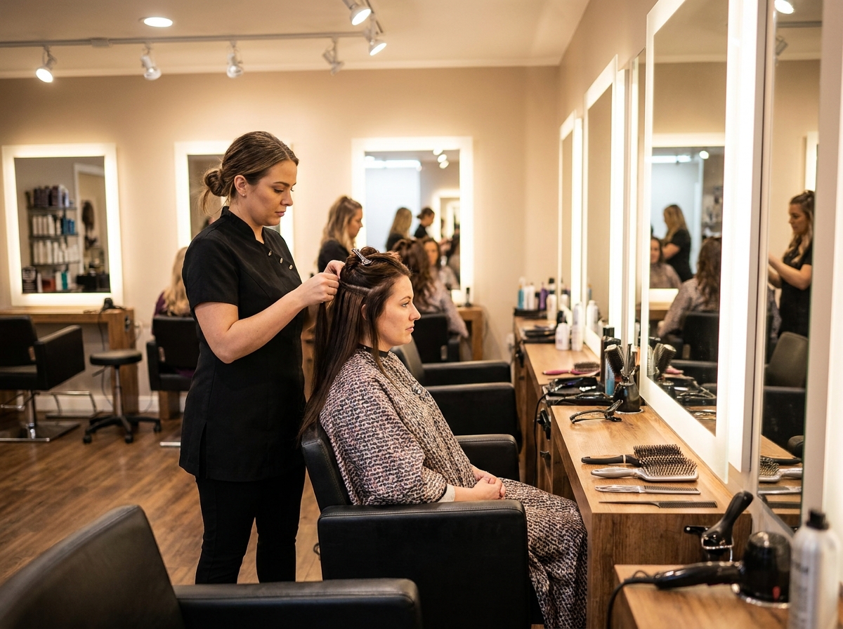 Coiffeuse posant des extensions clip-in sur une cliente dans un salon de coiffure professionnel