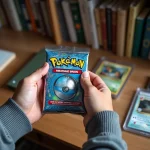 Collectionneur tenant un booster Pokémon EV10.5 scellé au-dessus d'un bureau avec des cartes gradées et un guide de prix