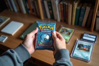 Collectionneur tenant un booster Pokémon EV10.5 scellé au-dessus d'un bureau avec des cartes gradées et un guide de prix