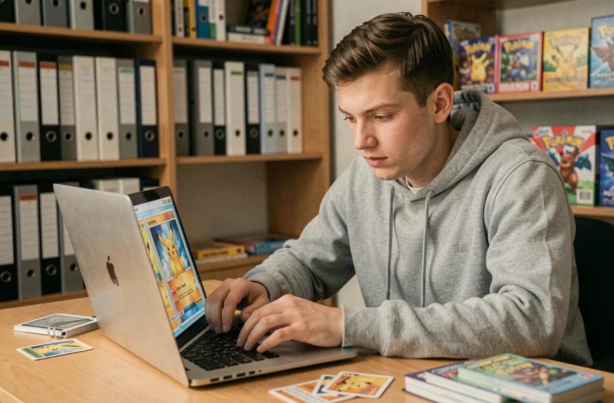 Collectionneur adulte recherchant le meilleur prix pour un Pikachu ex sur ordinateur portable