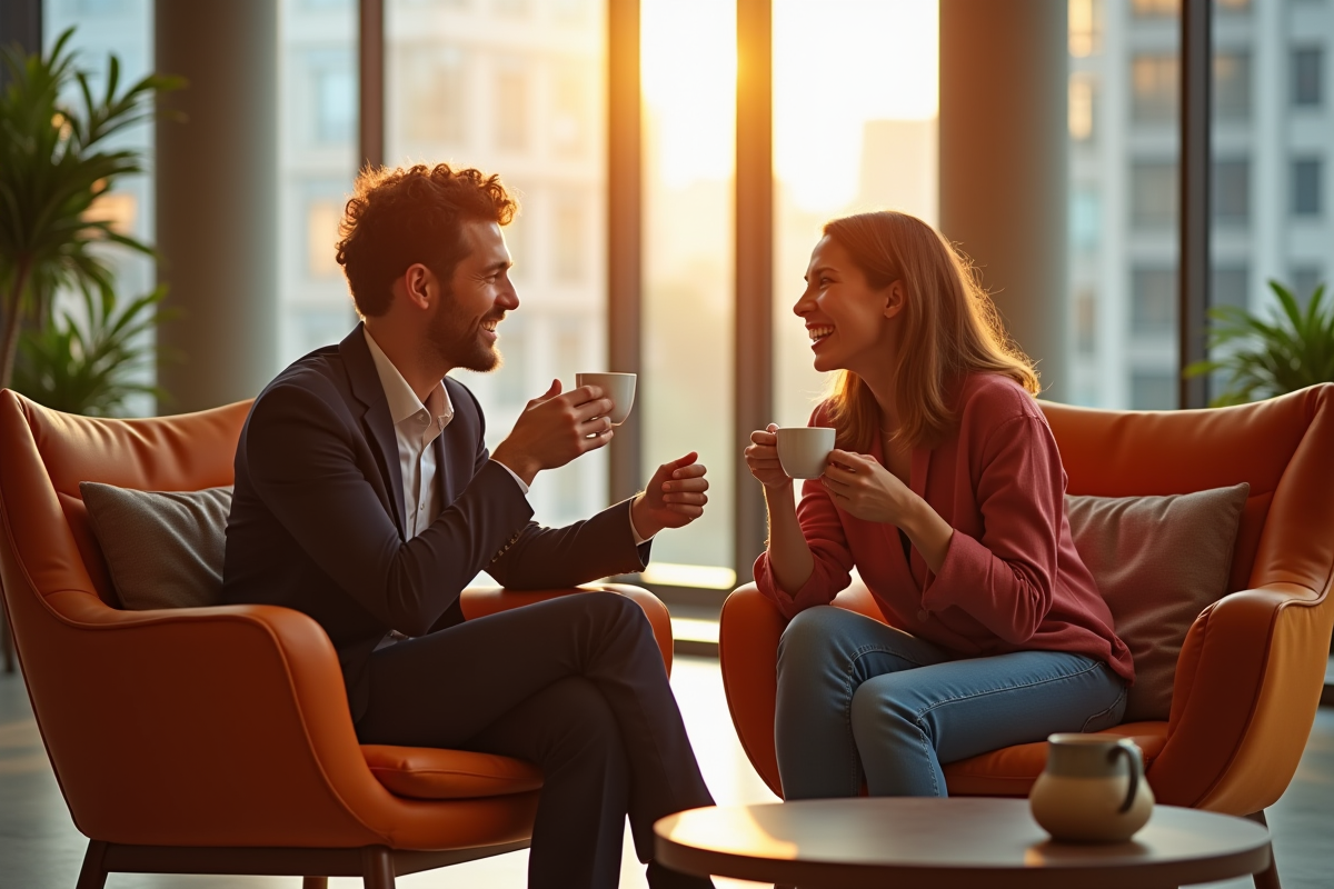 Deux collegues relaxant dans un espace lounge au bureau en riant